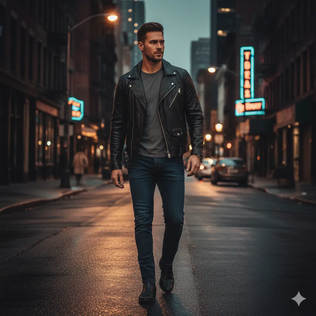  Leather Jacket with Black Tee & Jeans