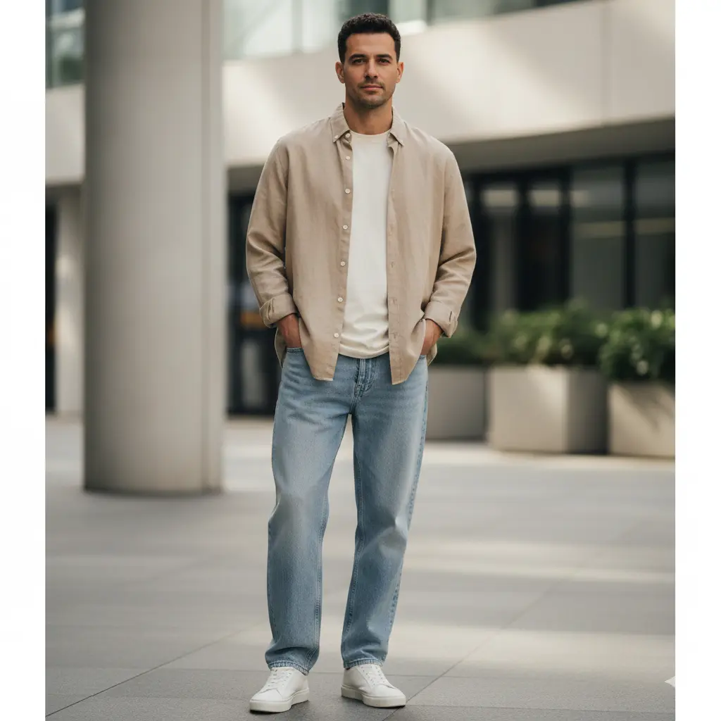 Baggy Jeans with Button-Down Shirt