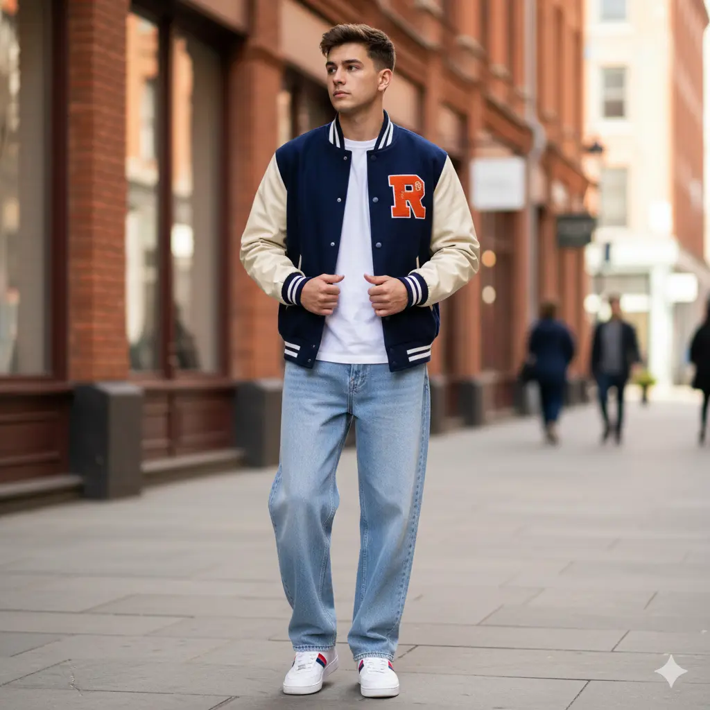 Baggy Jeans with Varsity Jacket