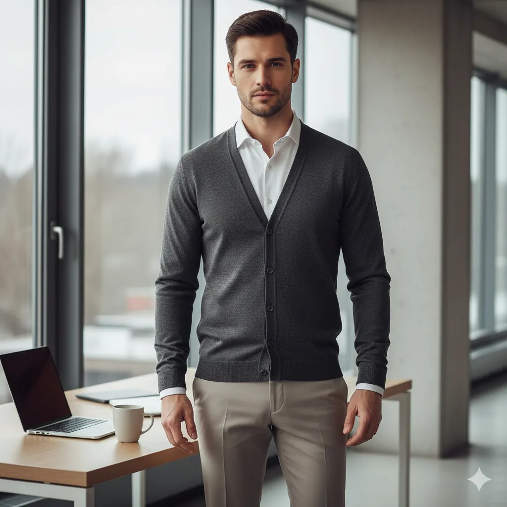 Cardigan Layered with Dress Shirt