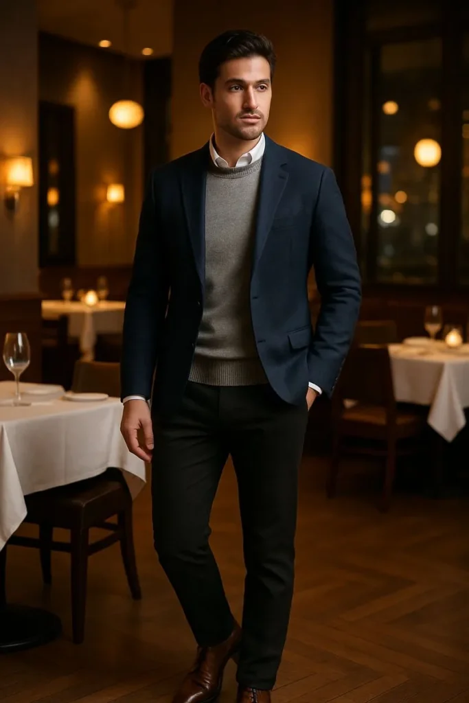 Dark Blazer with Knit Sweater