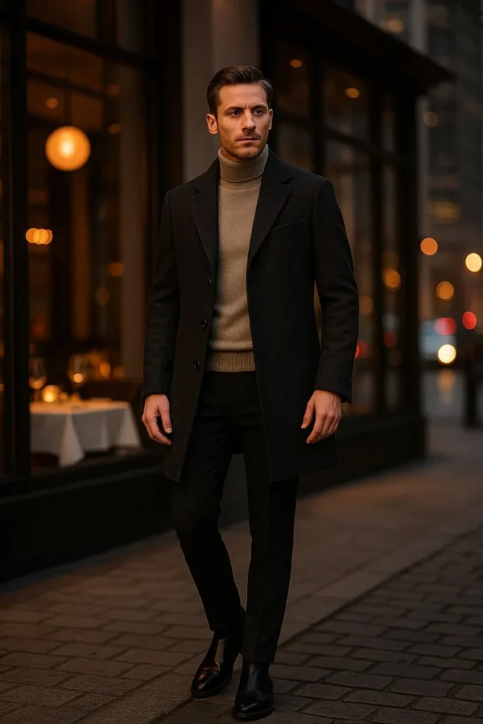 Classic Wool Overcoat with Turtleneck Winter Dinner Outfit