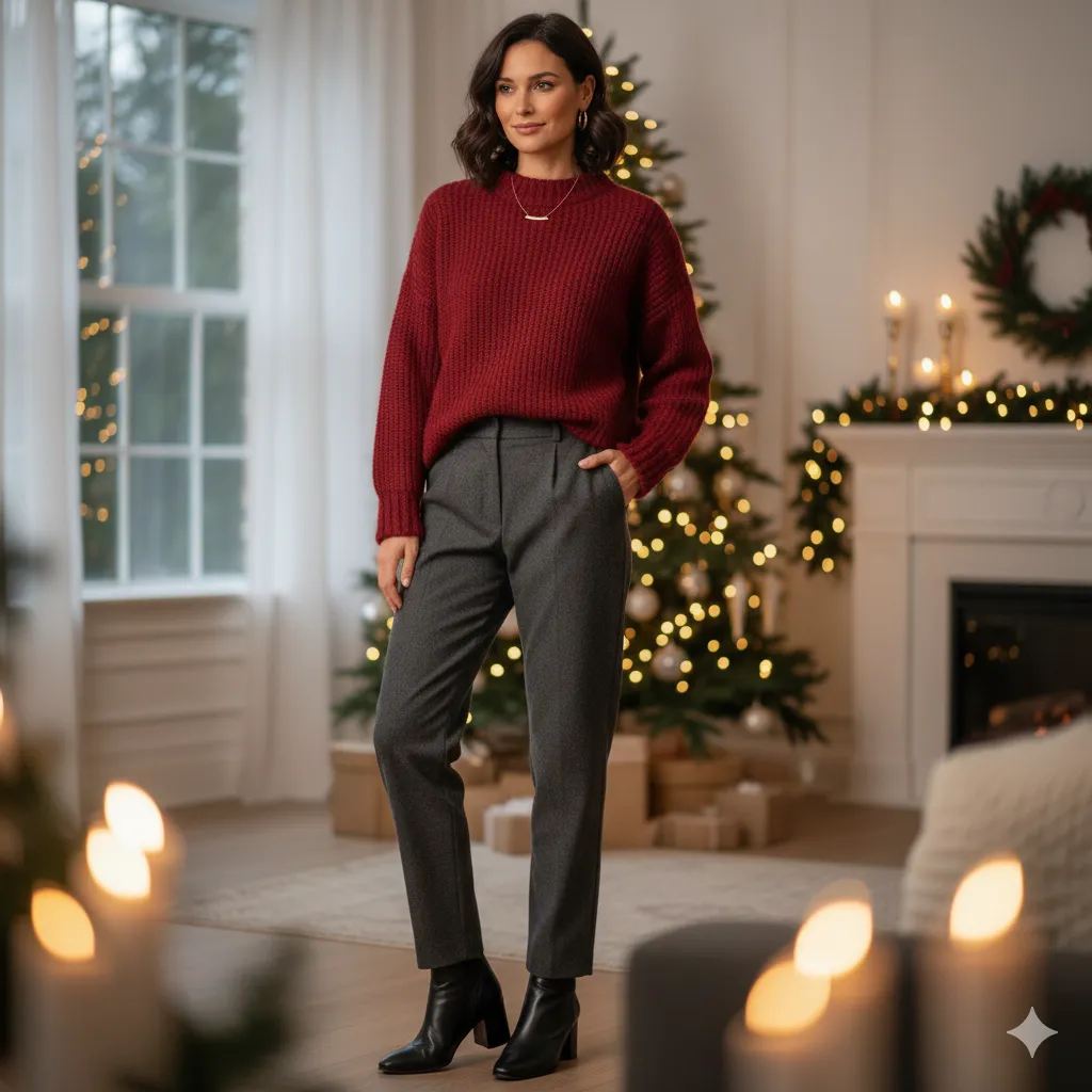 Classic Red Sweater Christmas Look, Christmas Outfits for Women