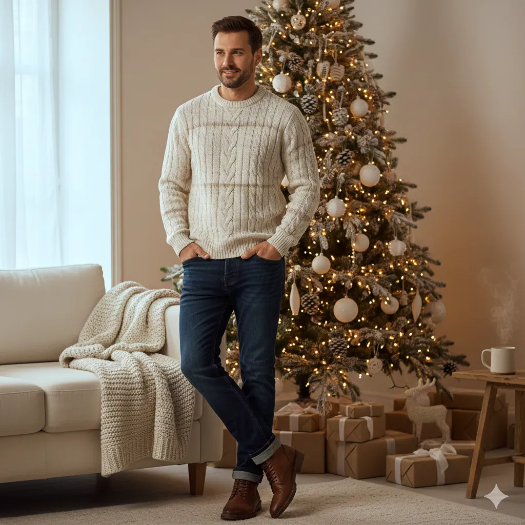 Casual Christmas Outfits Cozy Sweater with Dark Denim