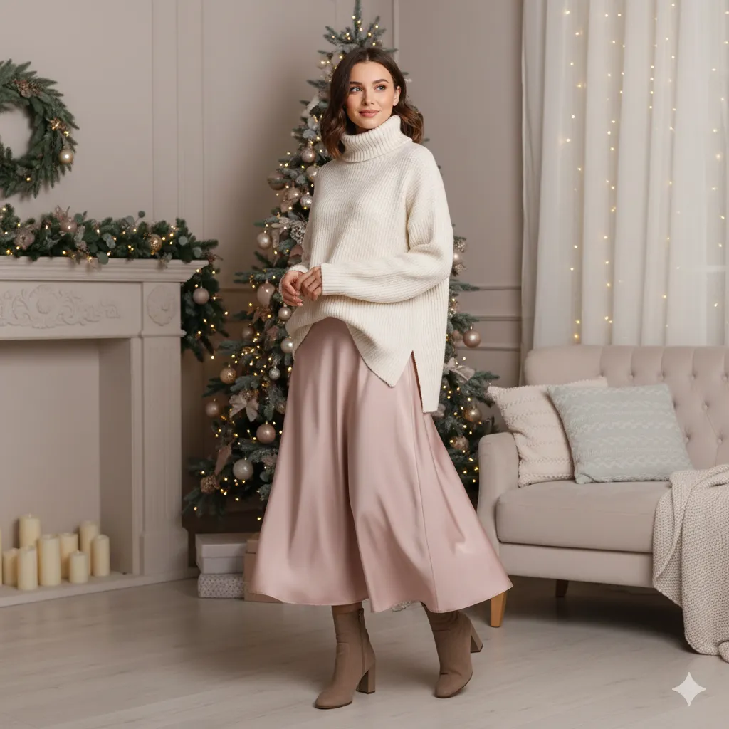 Cozy Sweater with Satin Midi Skirt