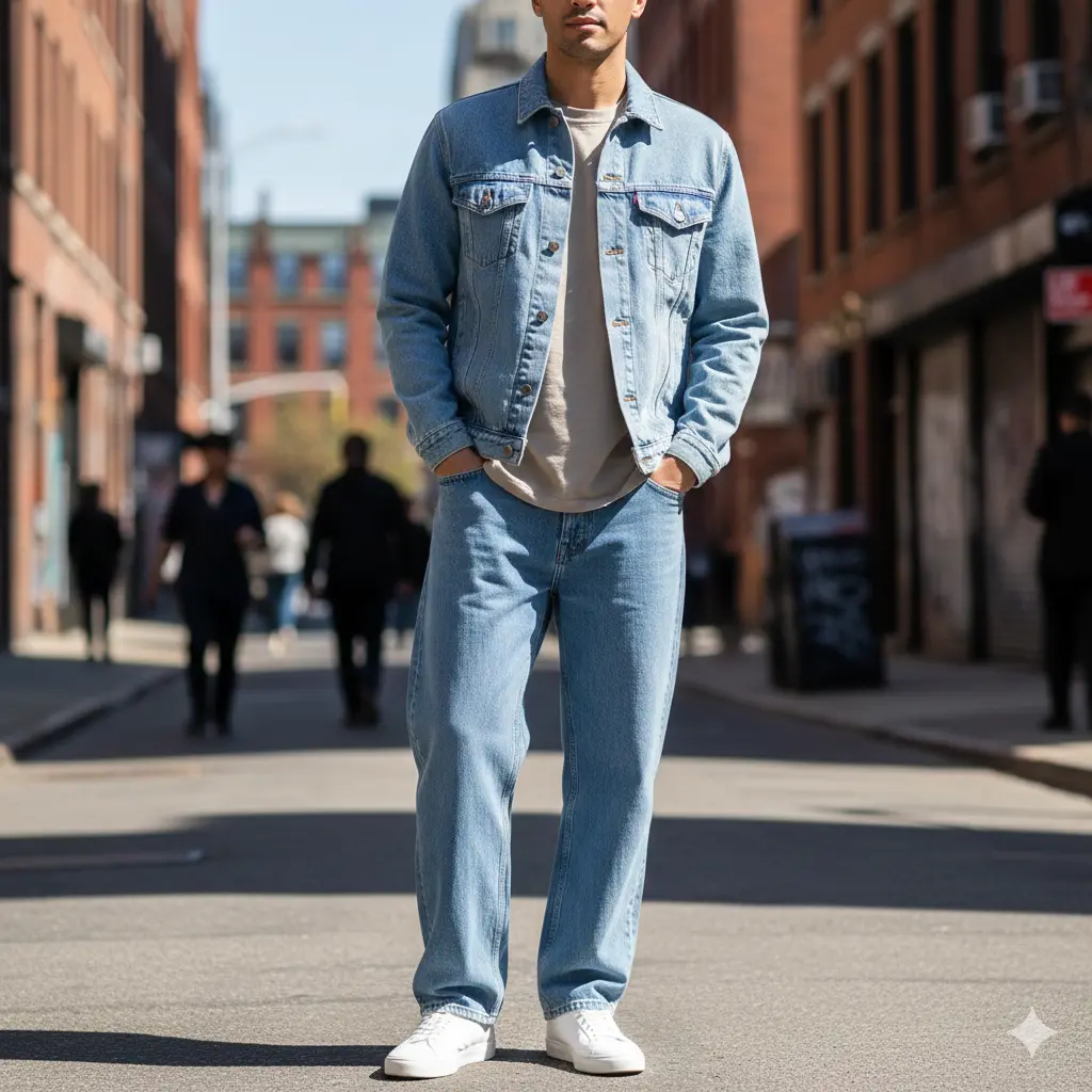 Denim Jacket Layered Over Baggy Jeans