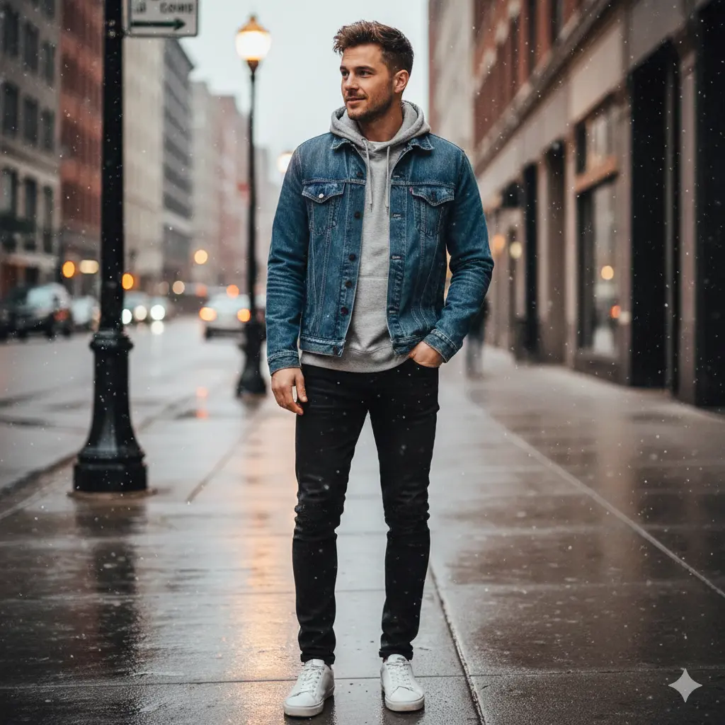 Denim Jacket With Hoodie Layer