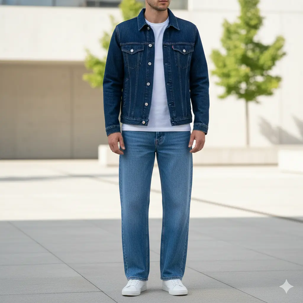 Denim on Denim Wide Leg Jeans Outfit