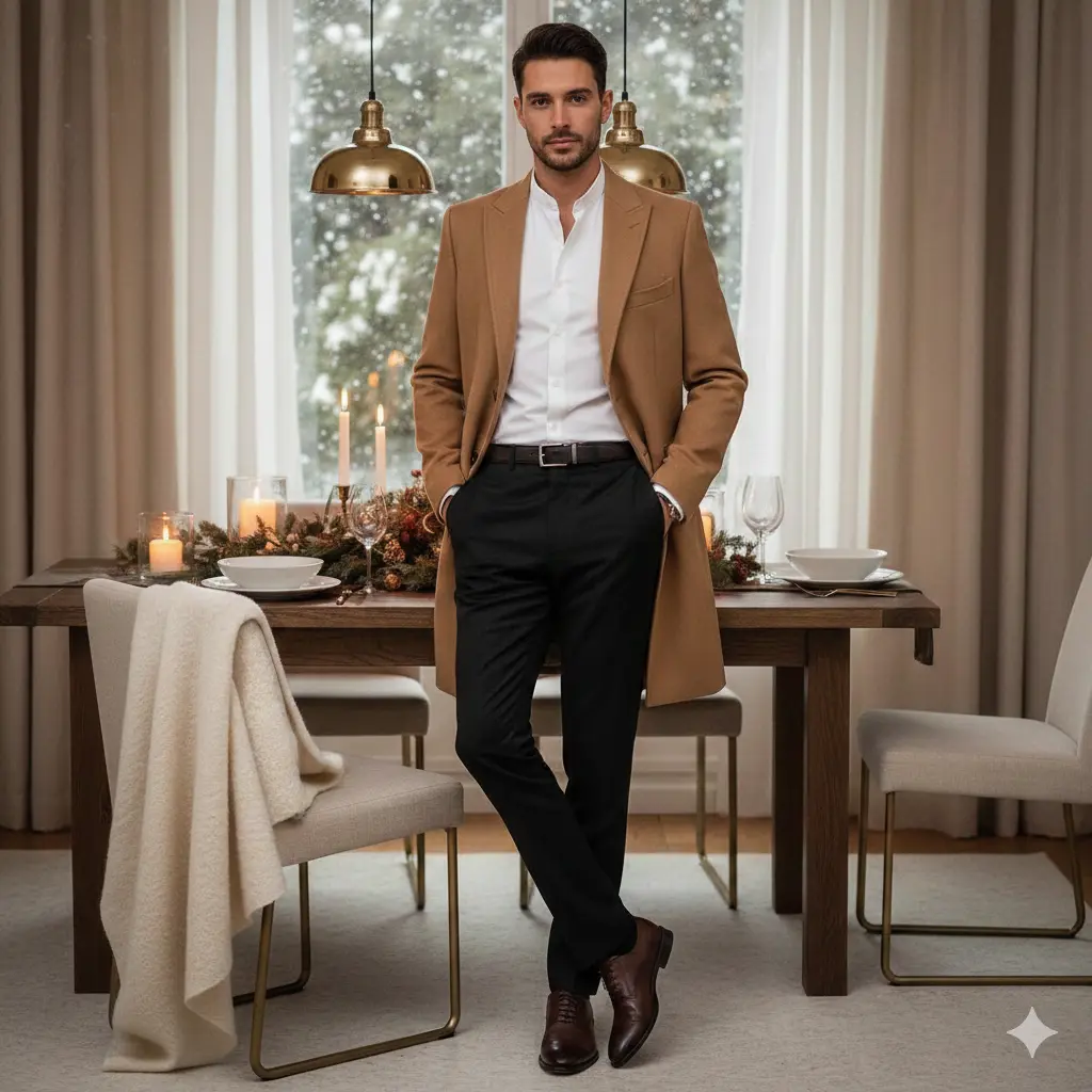 Camel Coat with White Shirt