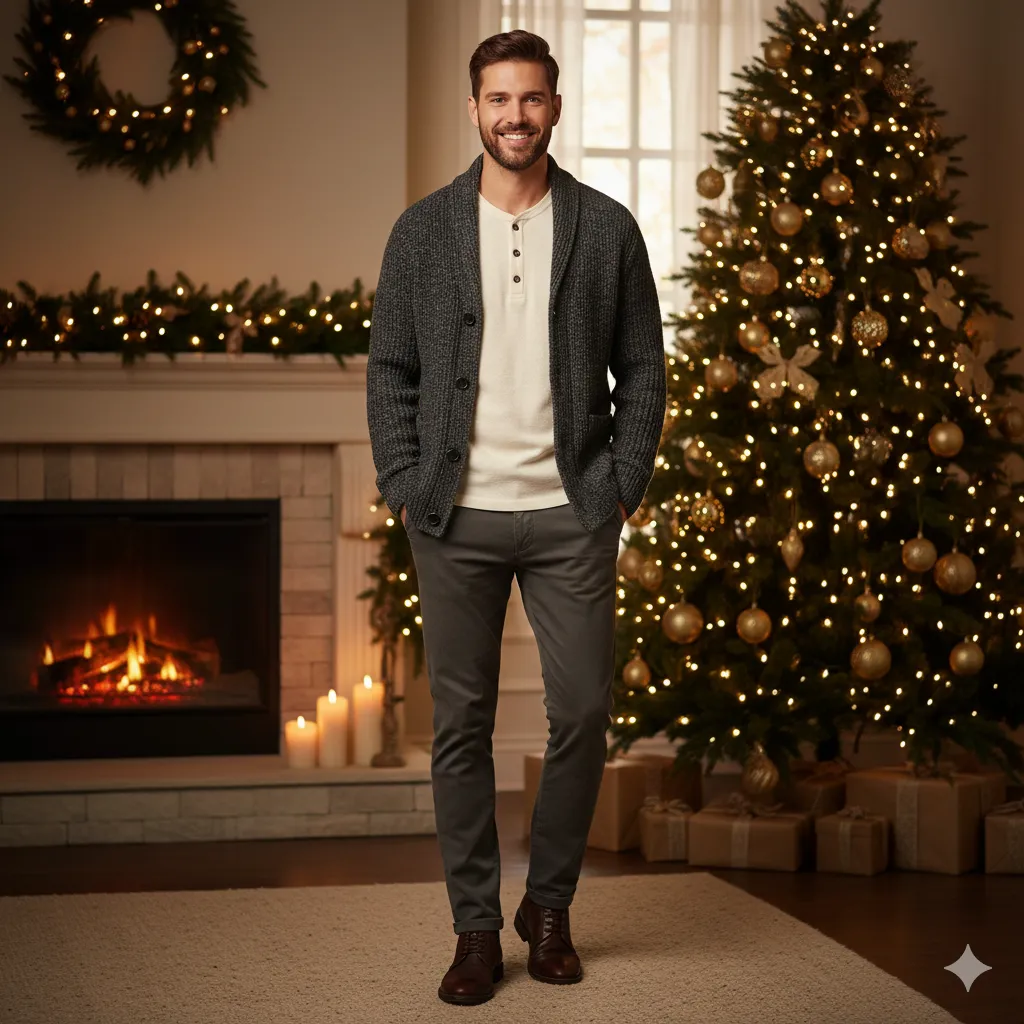 Henley Shirt with Knit Cardigan