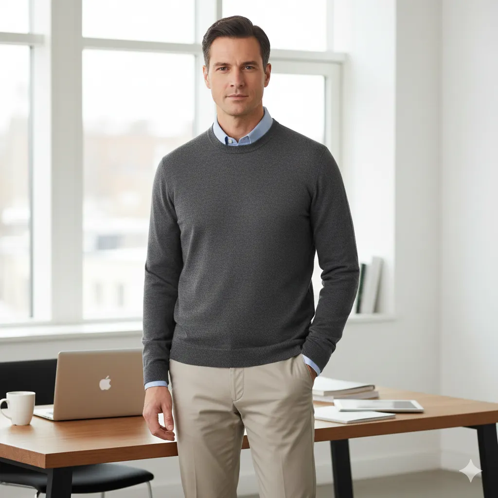 Knit Sweater with Dress Shirt and Trousers