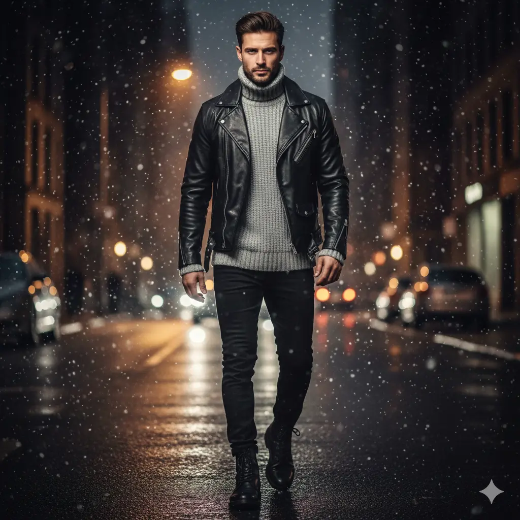 Leather Jacket With Knit Sweater