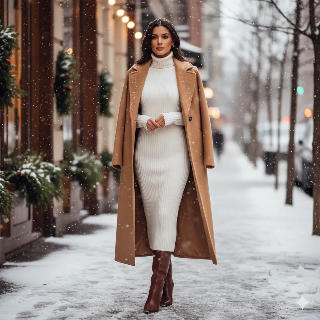 Long Wool Coat with Turtleneck Dress