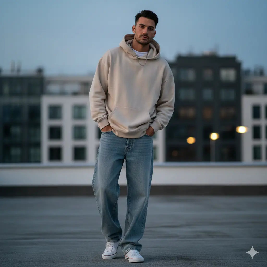 Oversized Hoodie with Light Wash Baggy Jeans