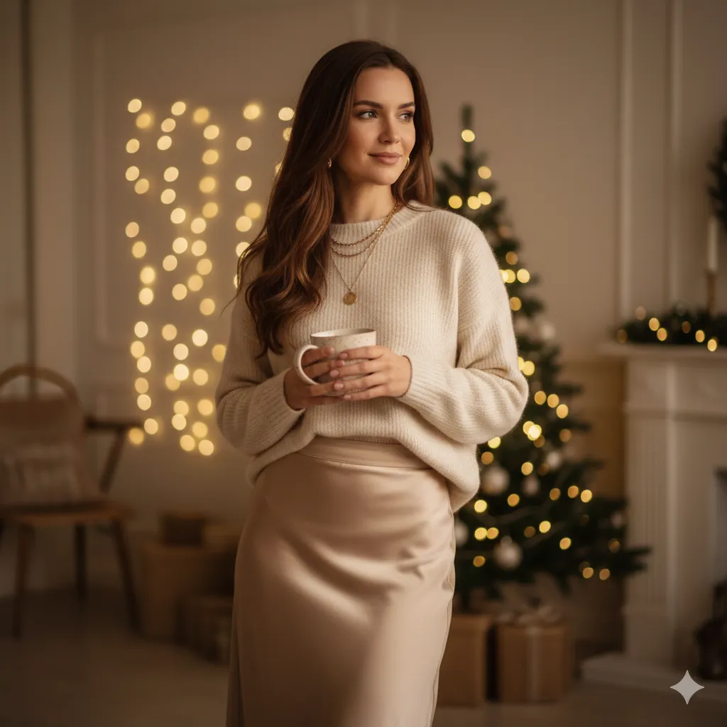 Satin Midi Skirt with Cozy Knit Top