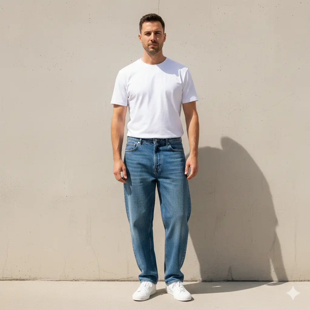 White T-Shirt with Blue Baggy Jeans
