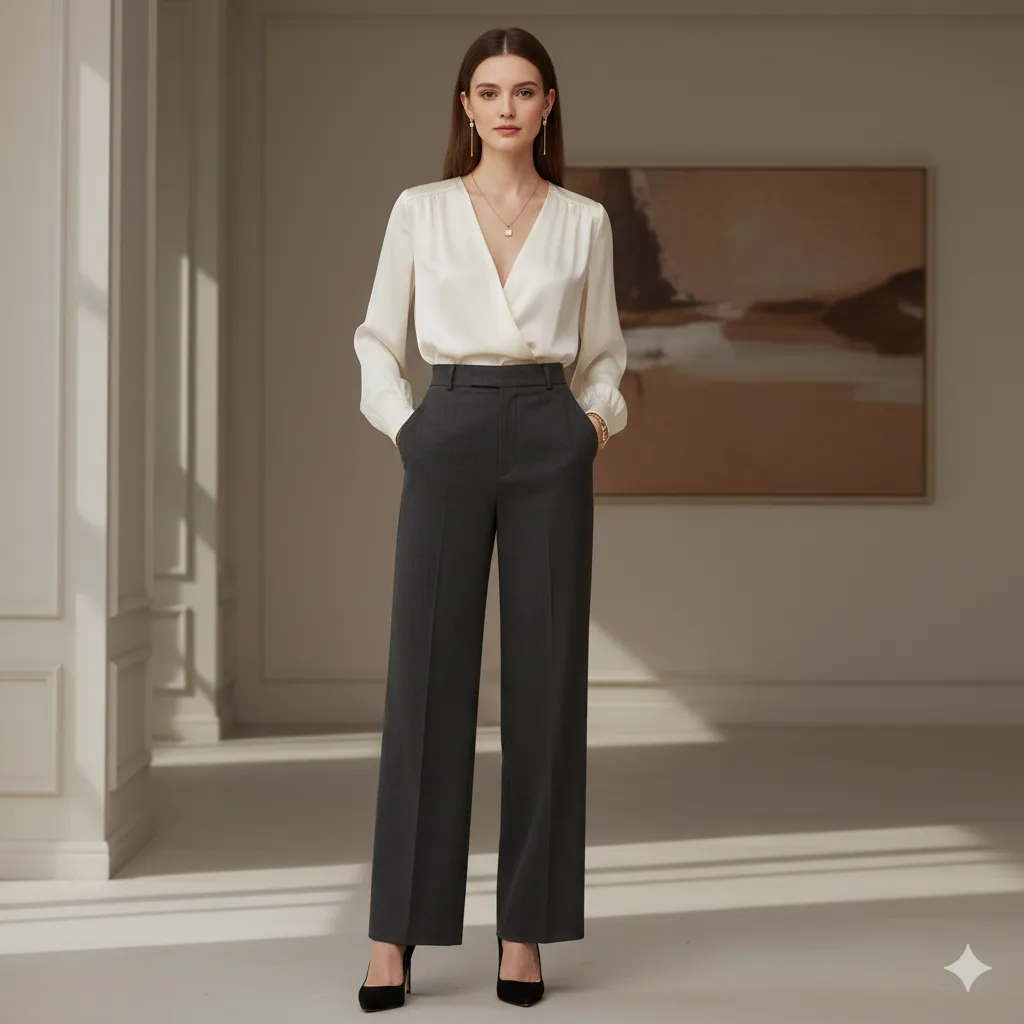 Wide Leg Pants Outfit with Silk Blouse