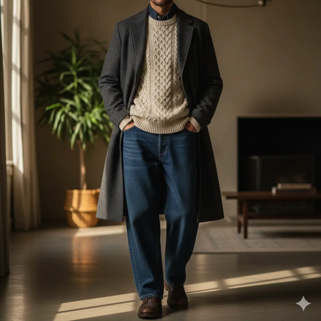 Winter Layered Wide Leg Jeans Outfit