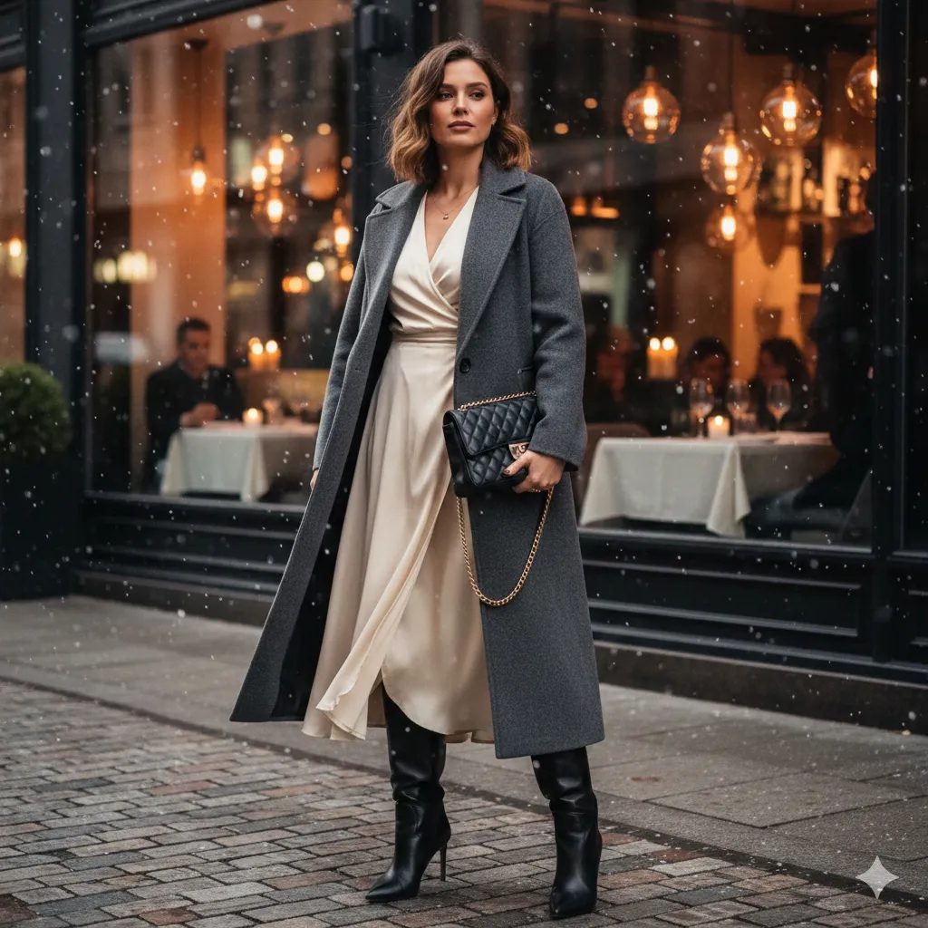 Wrap Dress With Long Wool Coat