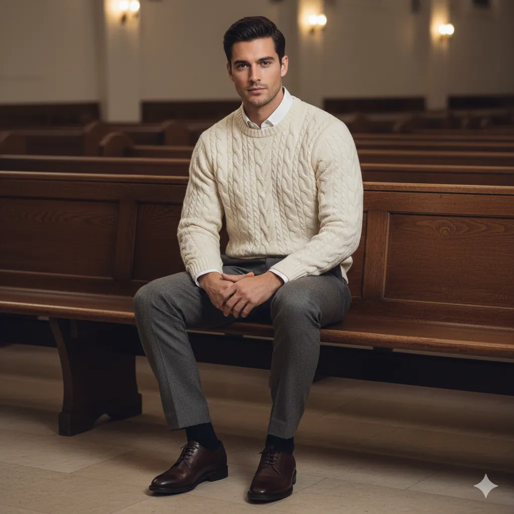 Cable Knit Sweater With Dress Shirt