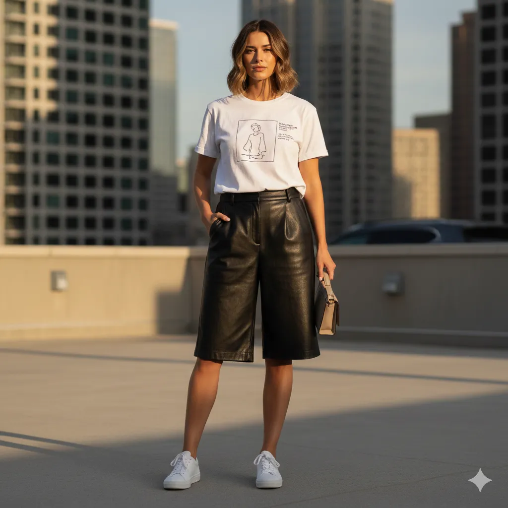 Casual Tee and Leather Shorts