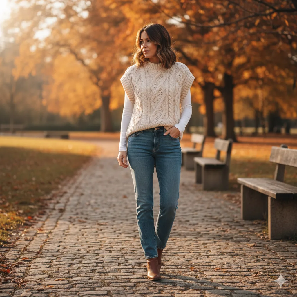 Chunky Knit Sweater Vest with Denim