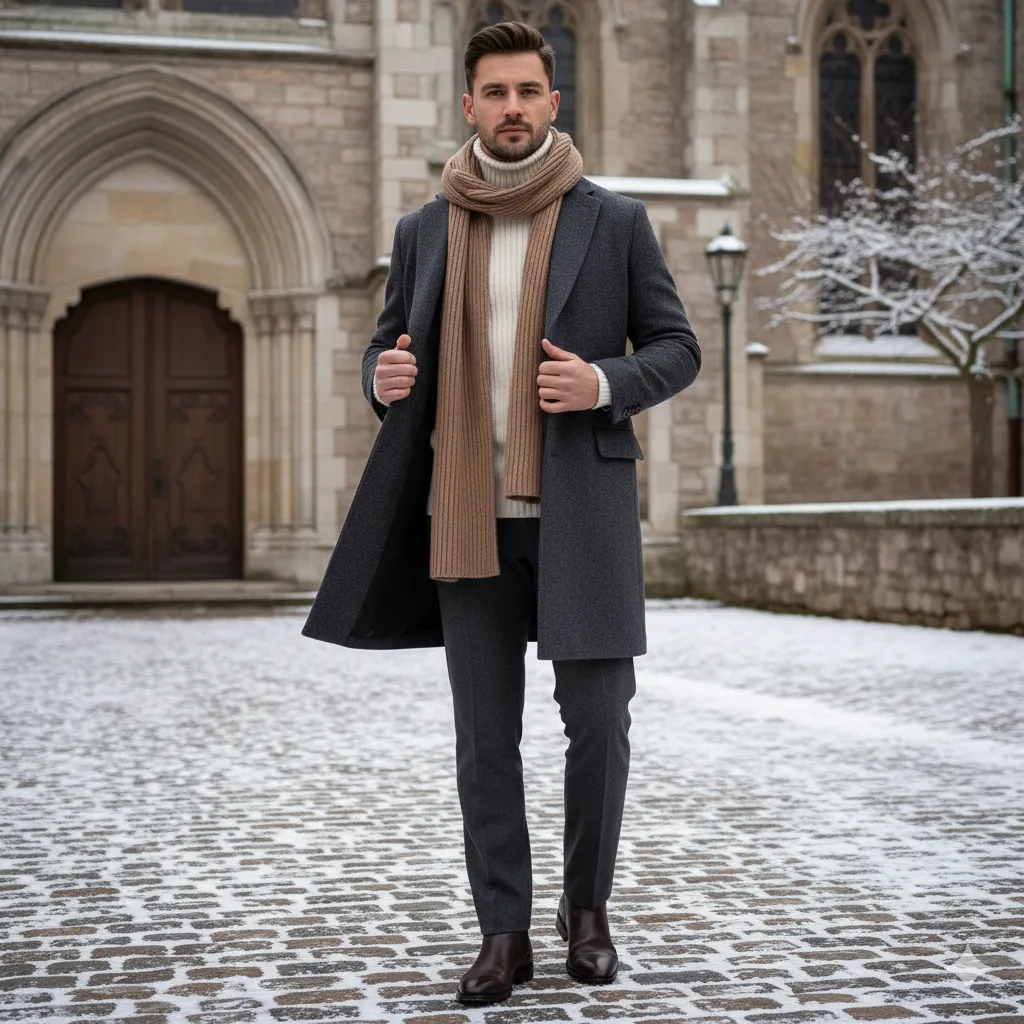 Scarf Layered With Structured Coat