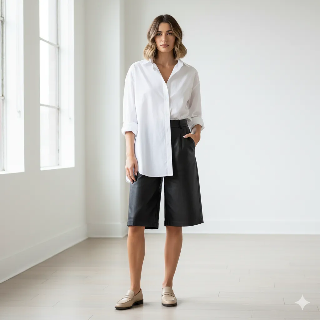 Leather Shorts outfits With Button-Down Shirt