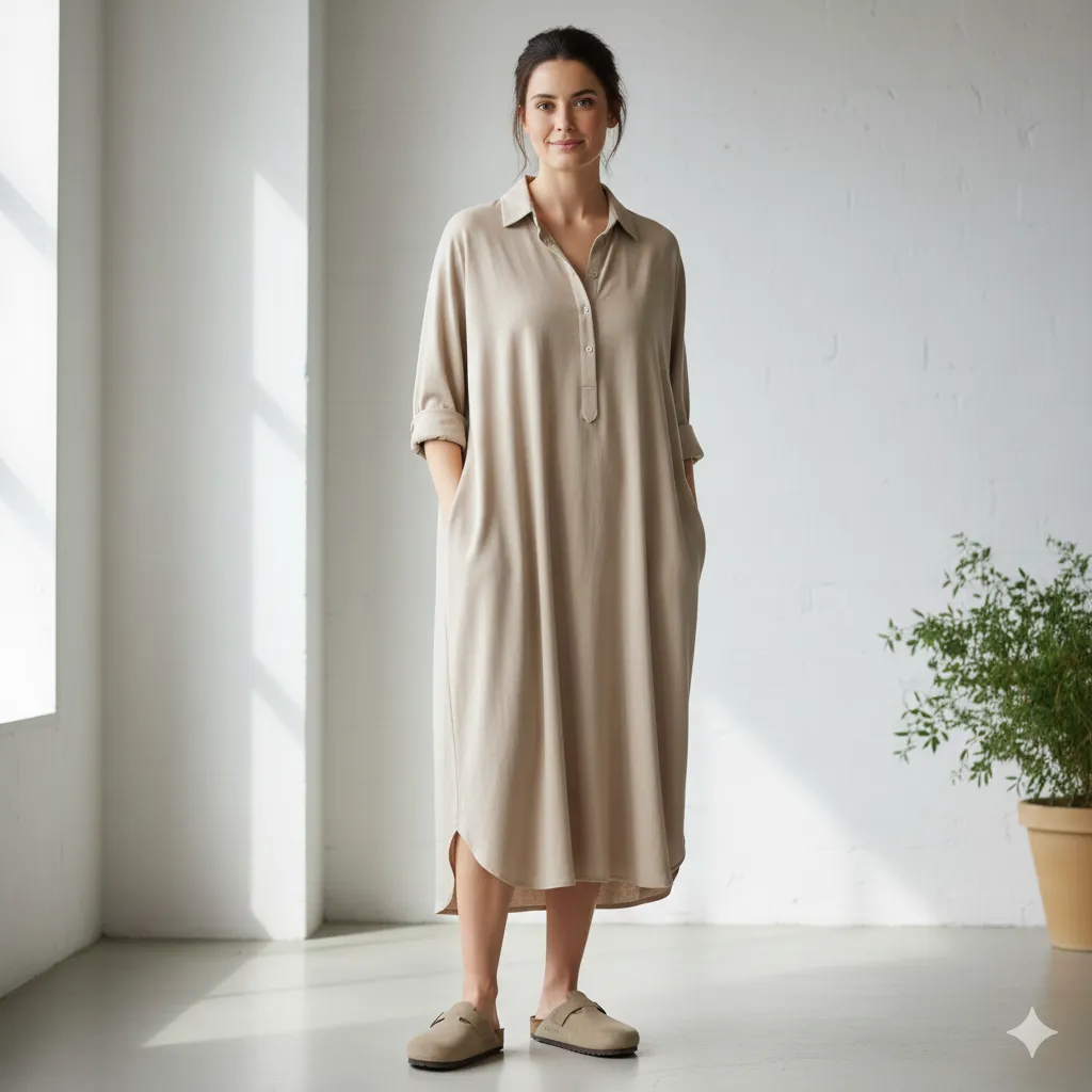 Oversized Shirt Dress With Clogs