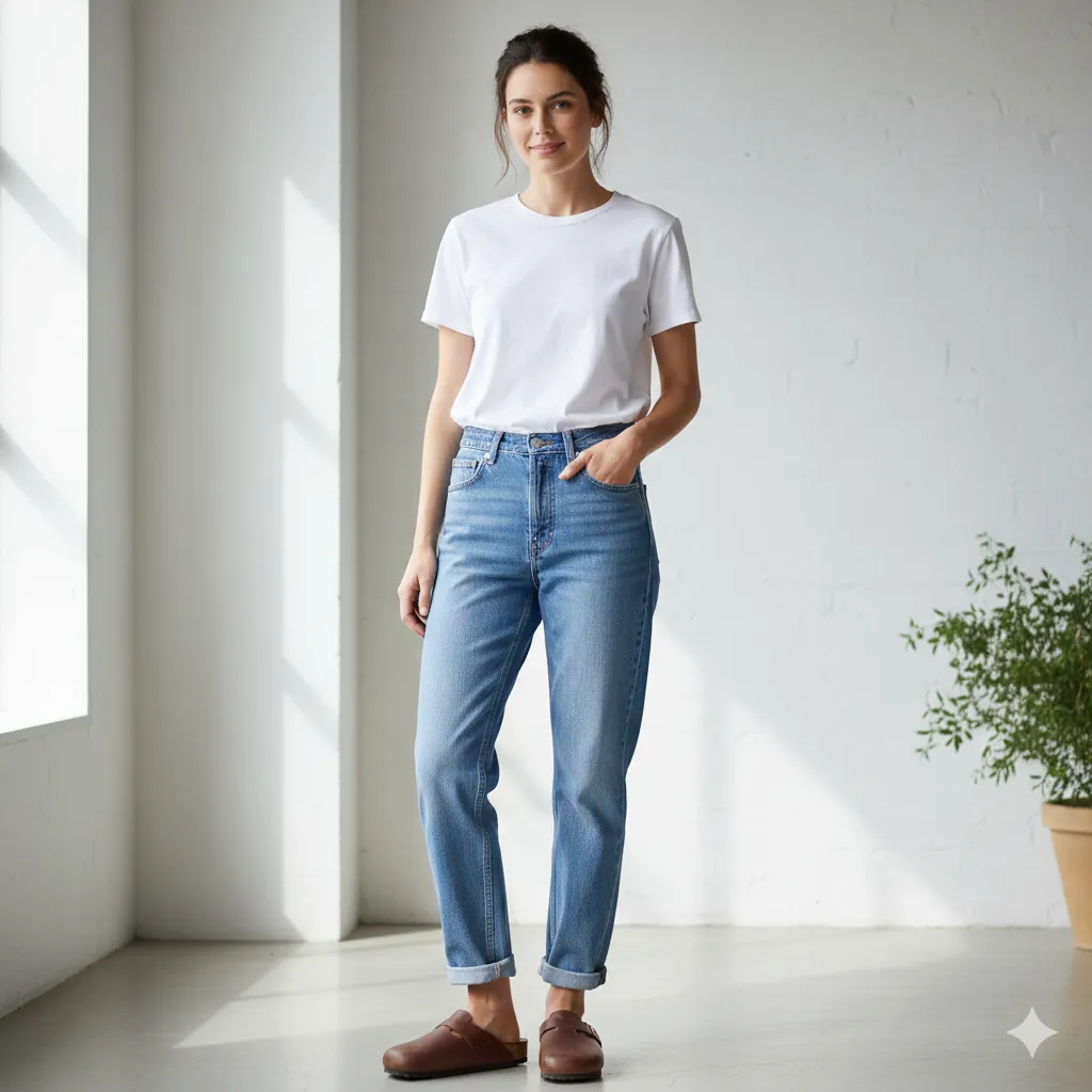 Relaxed Denim With Minimal Clogs