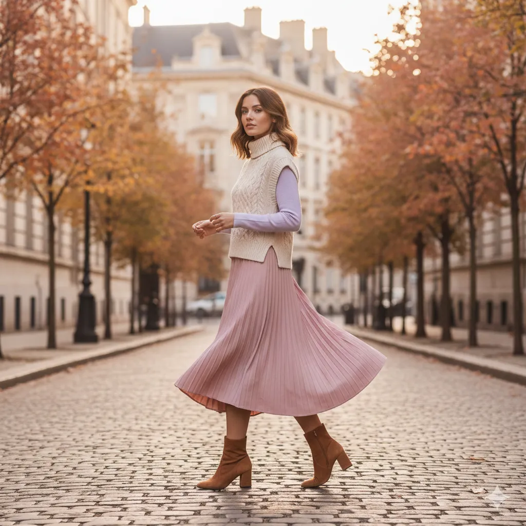 Sweater Vest with Pleated Midi Skirt