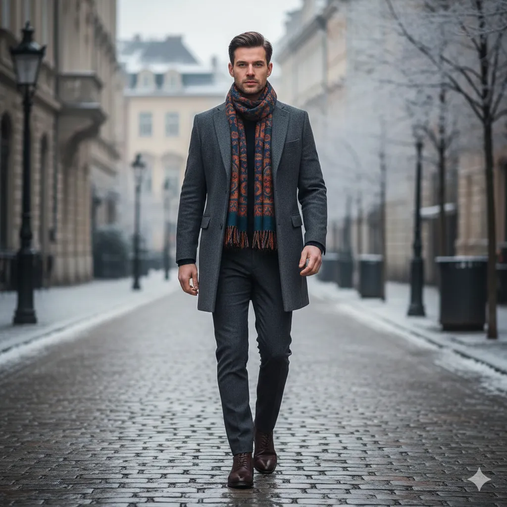 Wool Coat With Statement Scarf