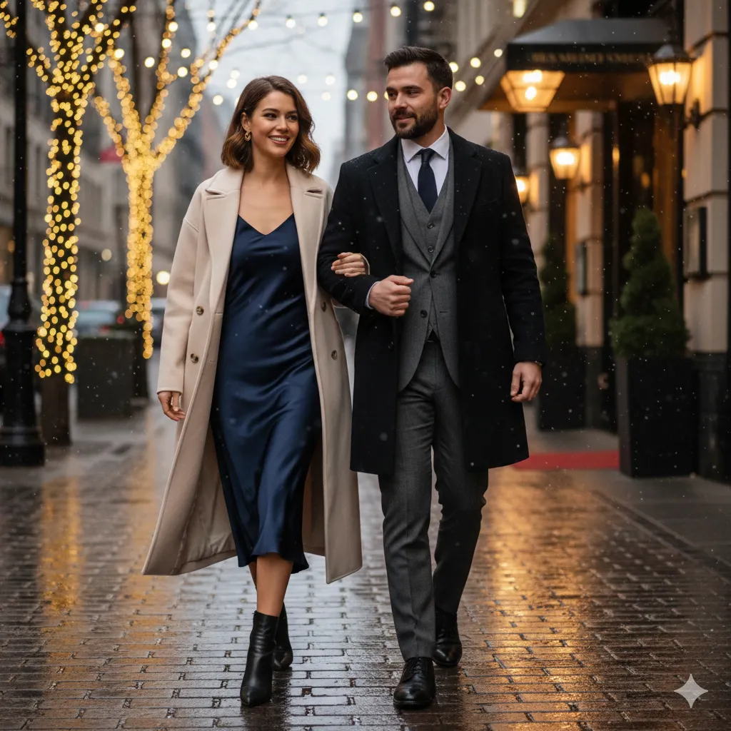 Valentine Dinner Outfit for Men and Women 5 Chic Midi Dress and Wool Overcoat