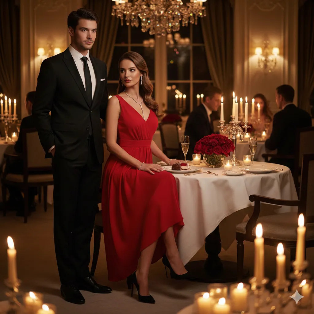 Valentine Dinner Outfit for Men and Women 2 Classic Red Dress and Black Suit Combo