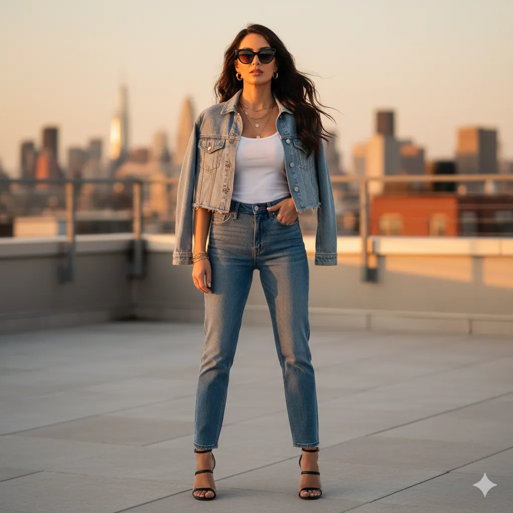 Cropped Denim Top with High-Waisted Jeans