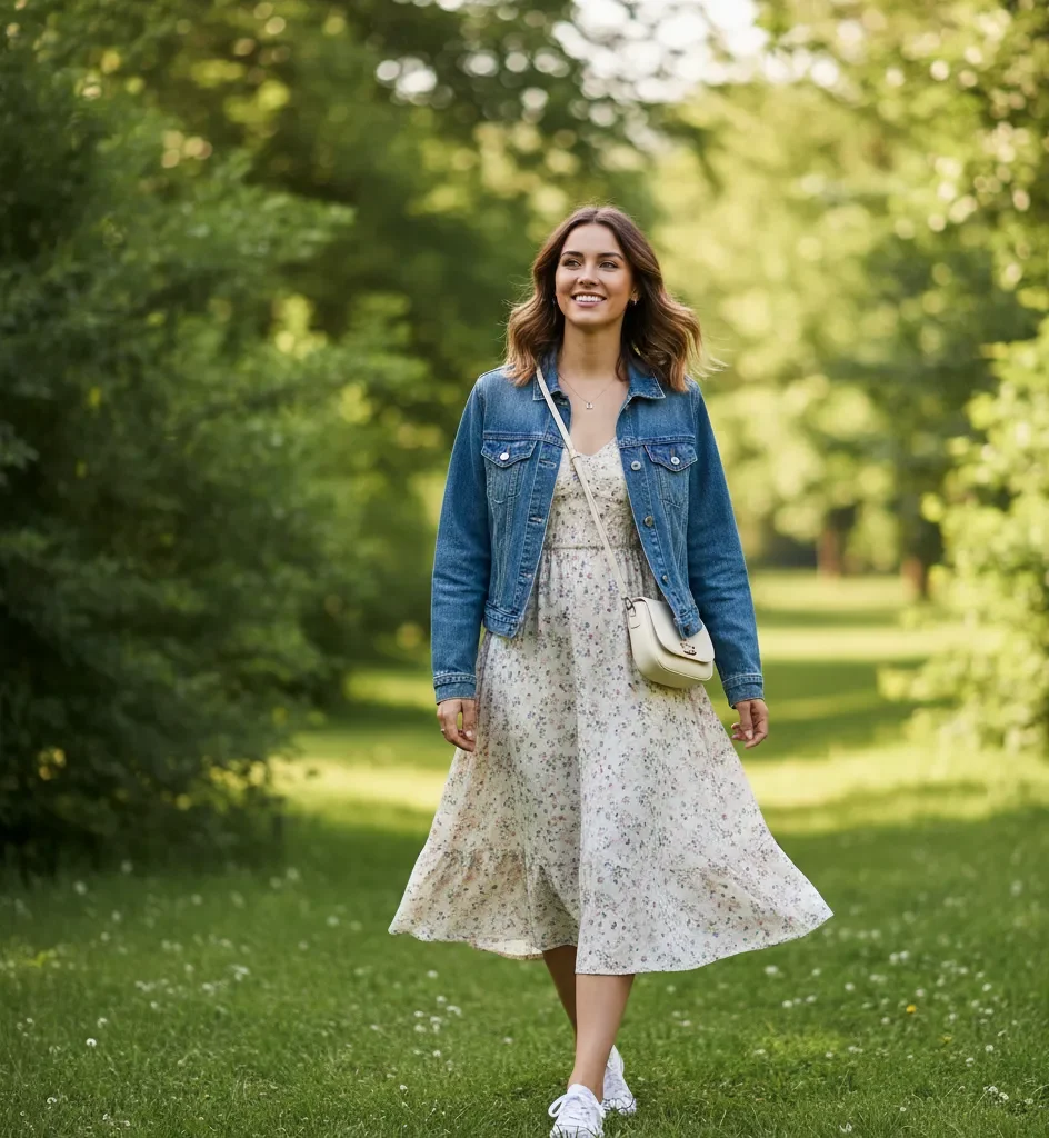 Best Cute Casual Outfit Ideas for Women 6 Denim Jacket with Summer Dress