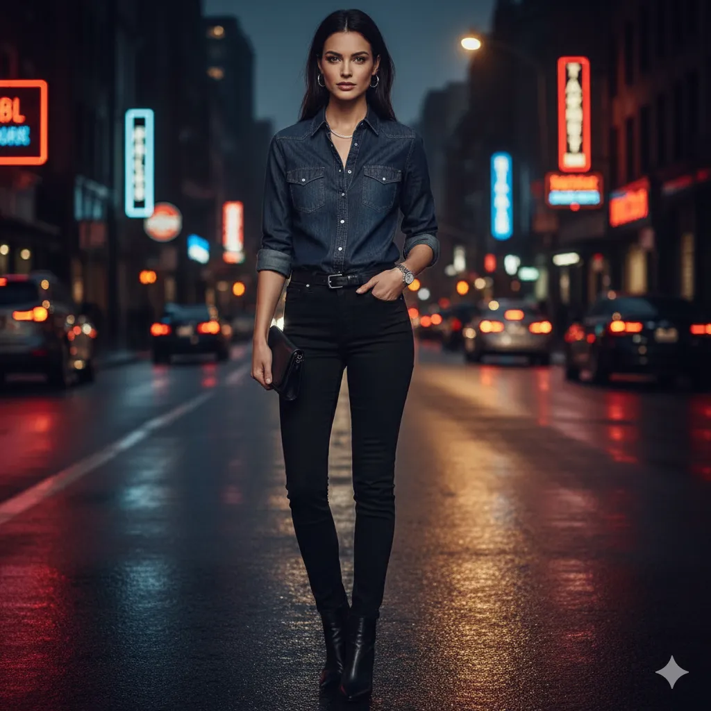 Denim on denim outfits Dark Wash Denim Shirt with Black Jeans