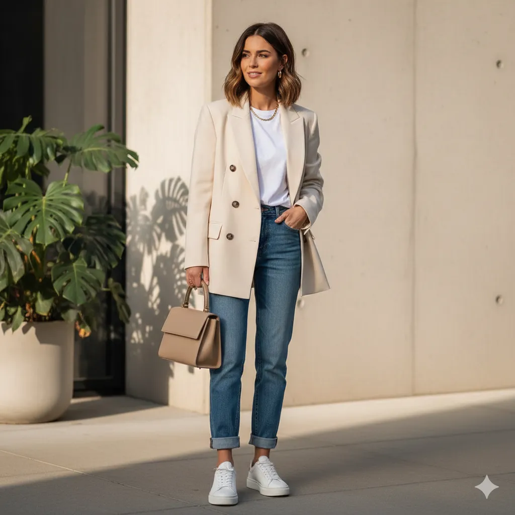 Oversized Blazer With Basic Tee And Denim