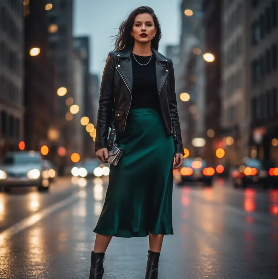Winter Date Night Outfits for Women 4 Leather Jacket with Midi Skirt