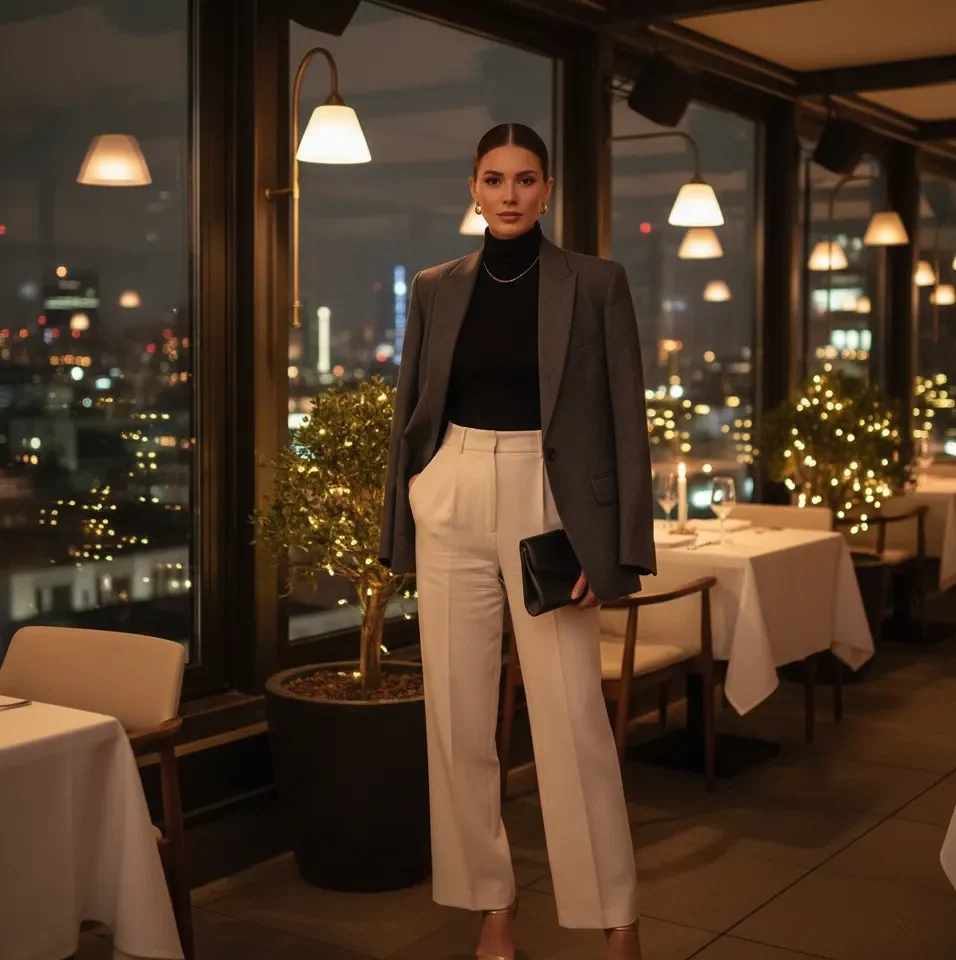 Winter Date Night Outfits for Women 5 Blazer with Turtleneck and Wide-Leg Pants