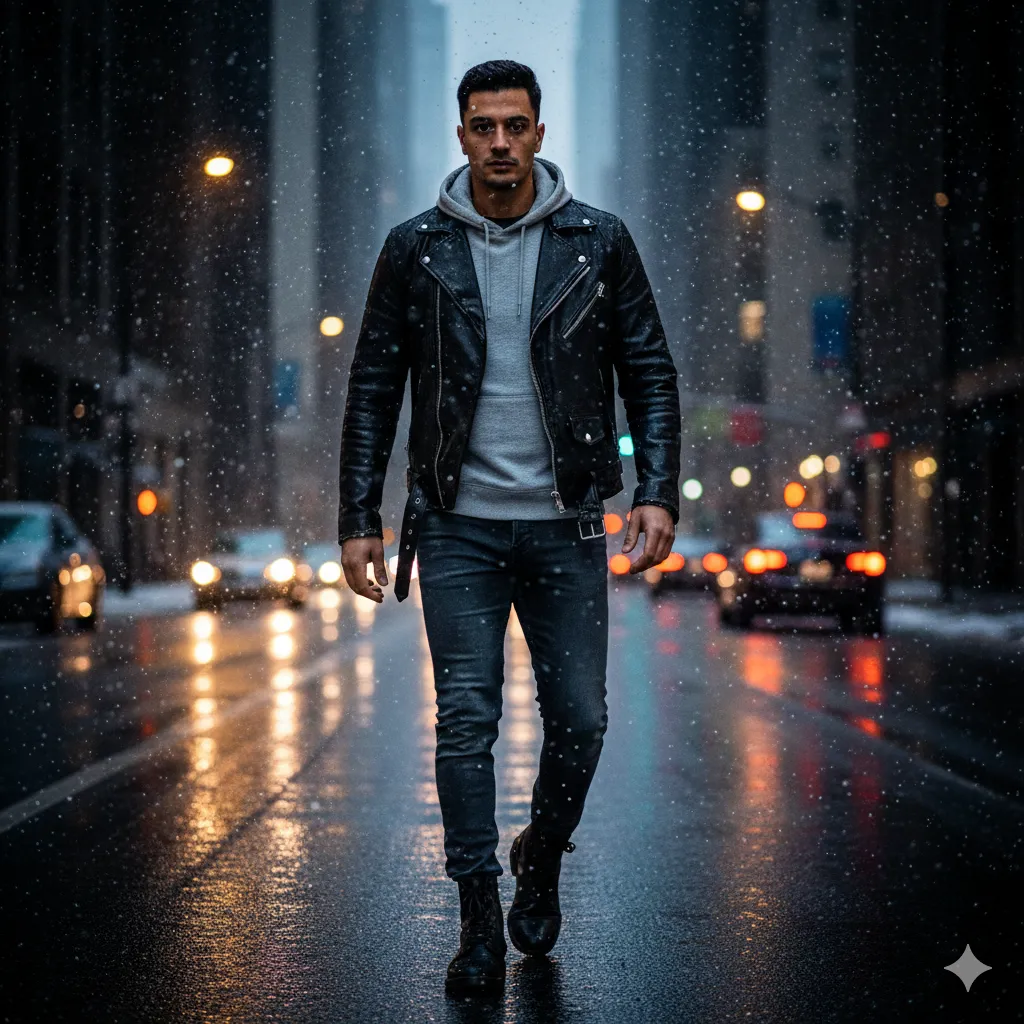 Hoodie + Leather Jacket + Slim Jeans