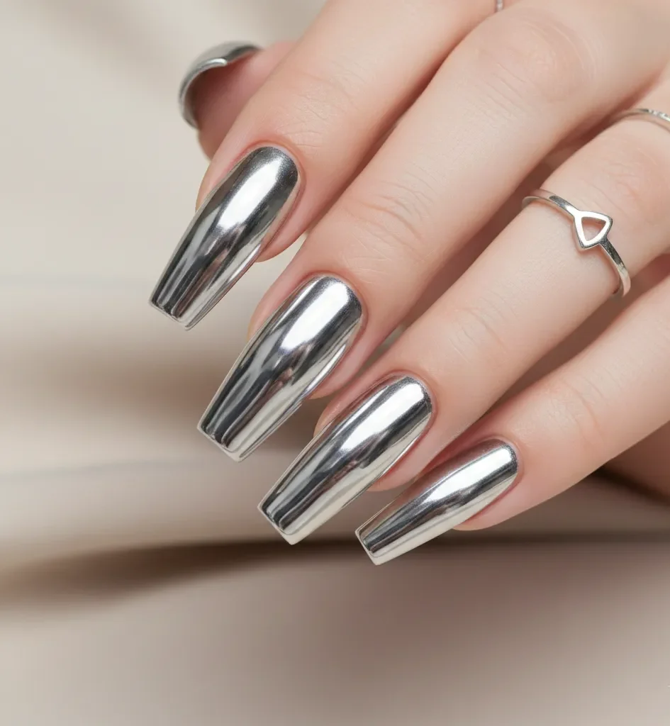 Long Nail Design: Chrome Coffin Nails